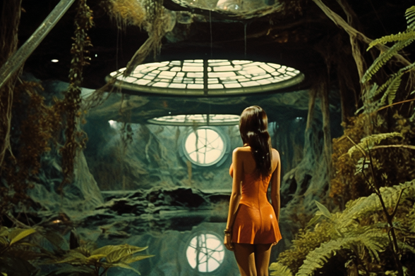 A woman stands in a rain forest in an underground grotto with a large circular skylight in the roof