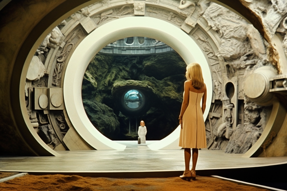 A woman looks through a very large circular door carved into the rock at an enigmatic figure in the distance