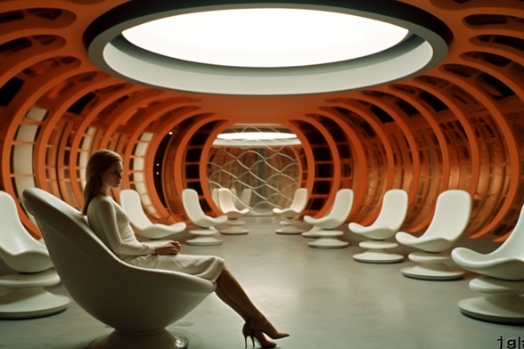 A woman sits in a very 70s swivel armchair in an orange room with swivel chairs of a different design
