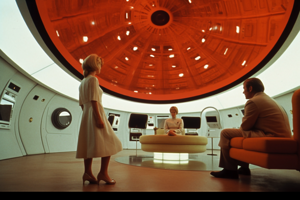 Low perspective shot of three people in a control room with a red circular ceiling