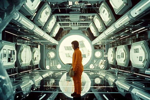 Person in an orange flightsuit stands in a room full of cryogenic capsules in the walls