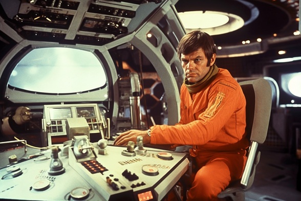 Man in an orange flightsuit seated at a control panel