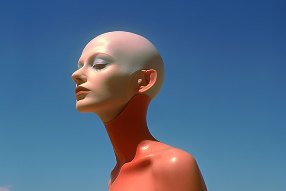 A bald-headed person wearing a pink skin-like covering