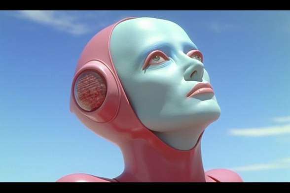 A bald-headed person wearing a pink skin-like covering