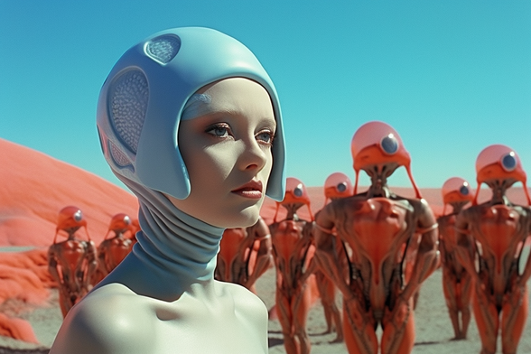 A person wearing a blue skin-like covering with a group of strange aliens behind them