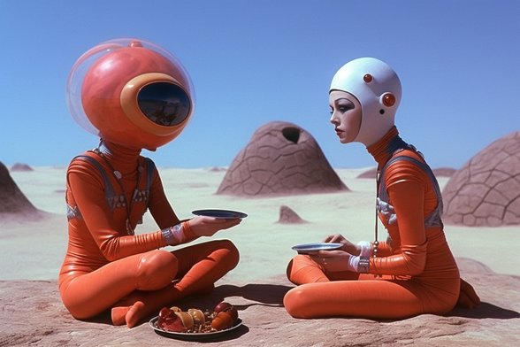 A person wearing a red flight suits is sharing a meal with a similarly attired figure which has on two space helmets or one space helmet and a huge cyclops eye
