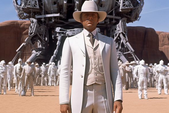 An elegant man in a cowboy had stands before an army of soldiers, white robots and one huge mecha