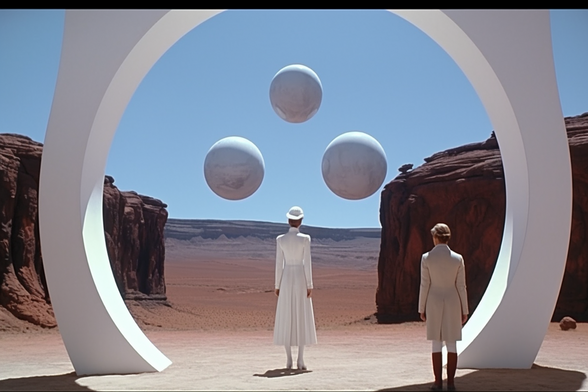 A woman and her attendant look through a circular white arch towards three white spheres floating in a triangle above the desert