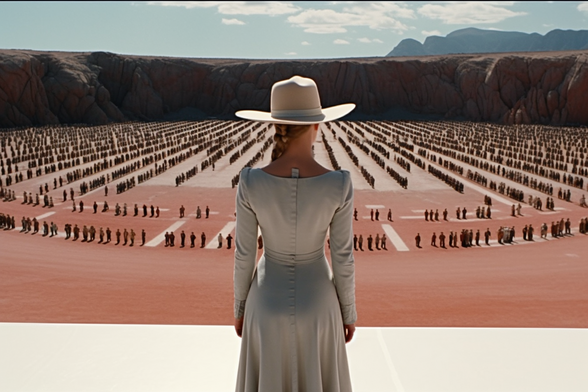 An elegant woman in a white cowboy hat surveys an army from a high platform