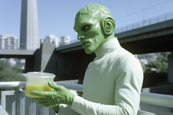 A green alien offers a small plastic tub of green liquid