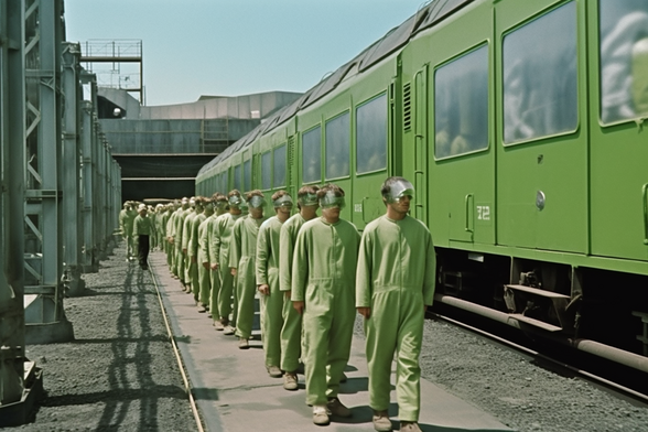 Prisoners in green trudging alongside a green passenger train