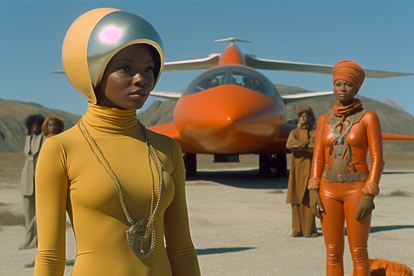 Two women and one other standing in front of a futuristic aircraft 
