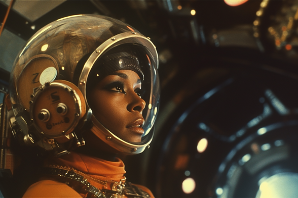 A woman in an ornate space helmet 