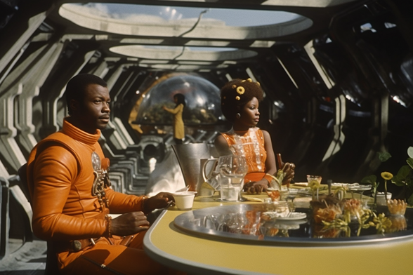 Two people sitting down to eat in an elegant and futuristic below ground room
