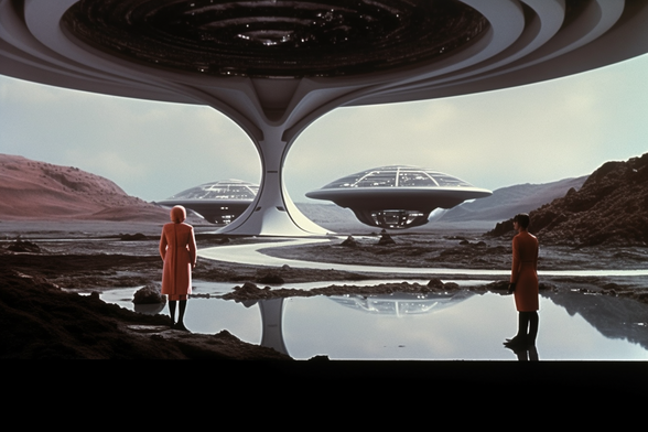 Two people standing under a large flying saucer. Two more are hovering nearby