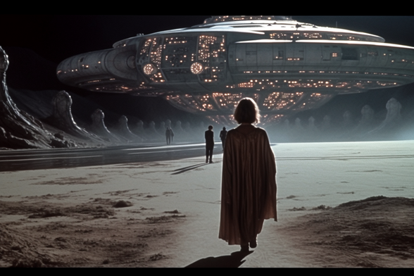 Someone stands looking at a huge hovering UFO