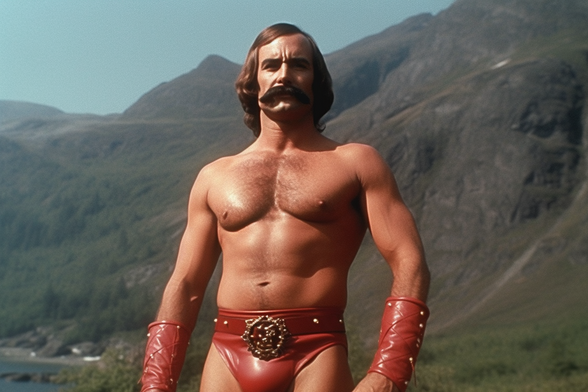 A bare-chested man with flowing hair, a black handlebar moustache and red leather briefs