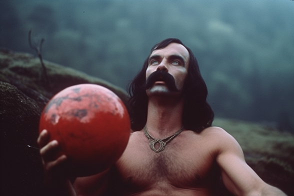 A bare-chested man with flowing hair and a black handlebar moustache offers a sacred red bowling ball to the gods