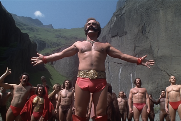 A bare-chested man with a black handlebar moustache and red leather briefs stands triumphantly before a group of similar men and one woman 
