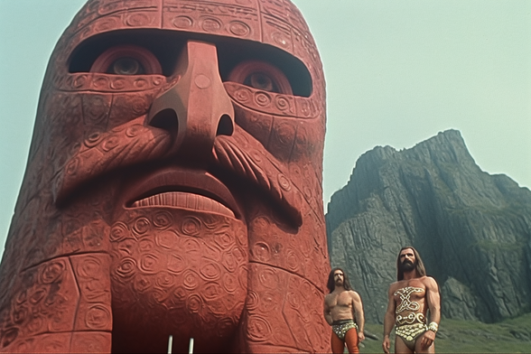 Two bare-chested men with flowing hair and black moustaches stand next to a huge red carved head of a moustachioed god
