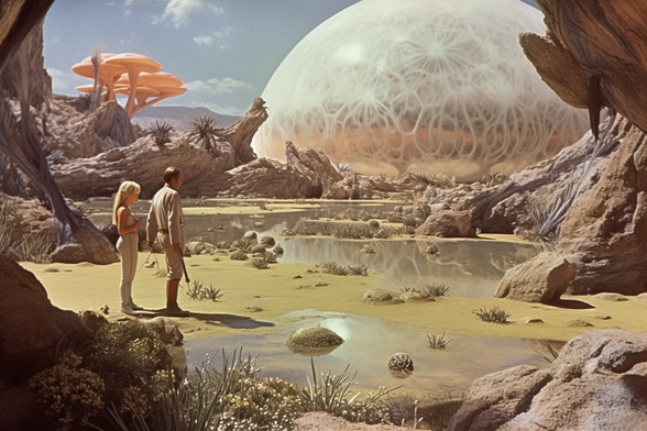 Two explorers look out over a marshy landscape at a huge bubble possibly made of plants