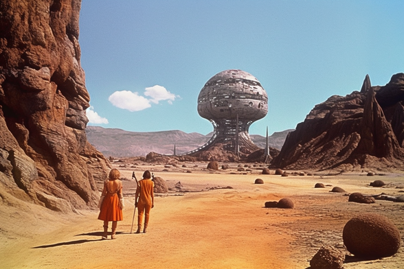 Two explorers look out over a desert landscape at a huge mushroom possibly made of metal 