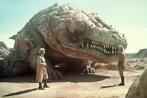 Two explorers with a horrific but tame monster with many teeth 