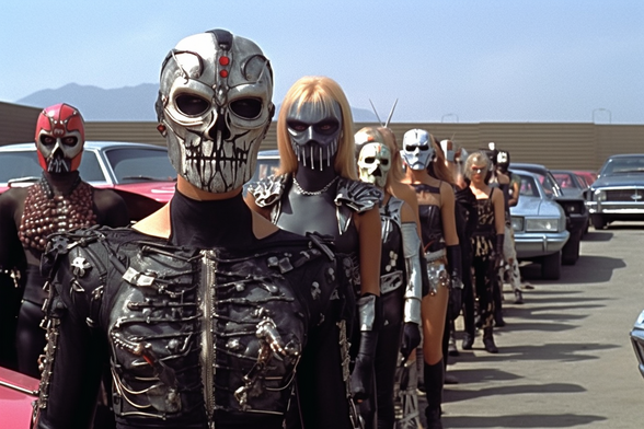 A line of cars and female drivers in skull masks and leathers