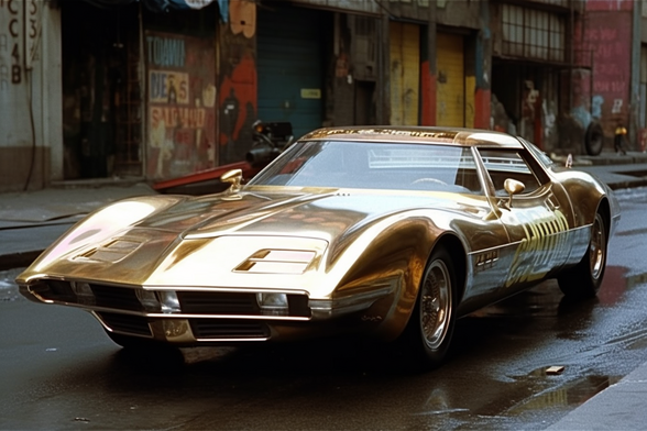 A shiny gold sports car in a rundown urban area