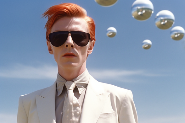 Not David Bowie in front of floating silver spheres