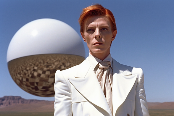 Not David Bowie in front of a big floating silver sphere