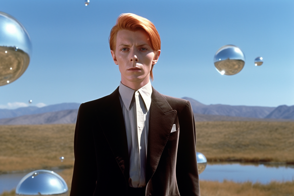 Not David Bowie in front of yet more floating silver spheres