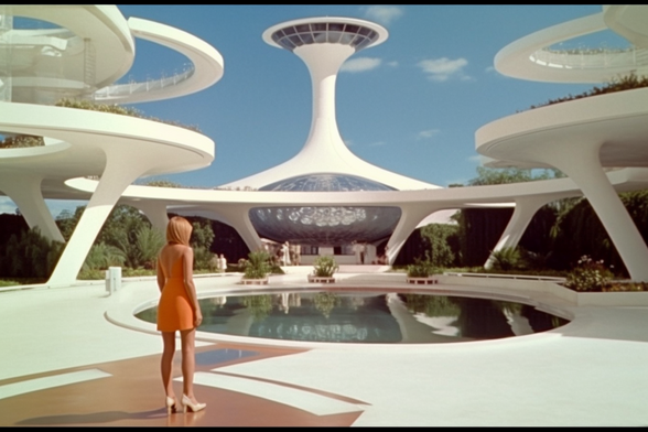 A woman gazes over a luxourious futuristic pool, colonnades, and airport control tower