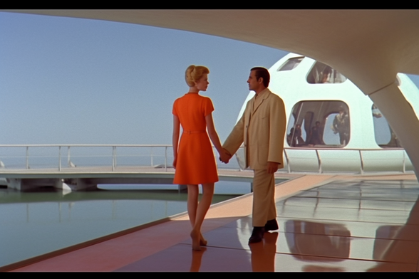 Two middle-aged people hold hands on the edge of a futuristic marina