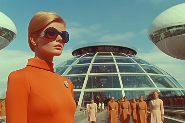A woman in dark sunglasses faces away from a group of people in similar clothing who are marching away from a glass dome