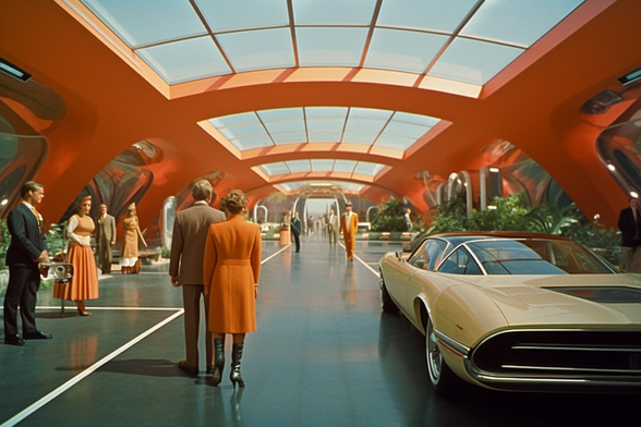 Well-dressed people wander through an upscale mall with big skylights. There is a big 1970s sedan parked in it