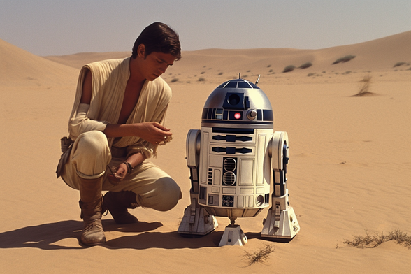 A man in loose clothing kneels in the desert next to a droid