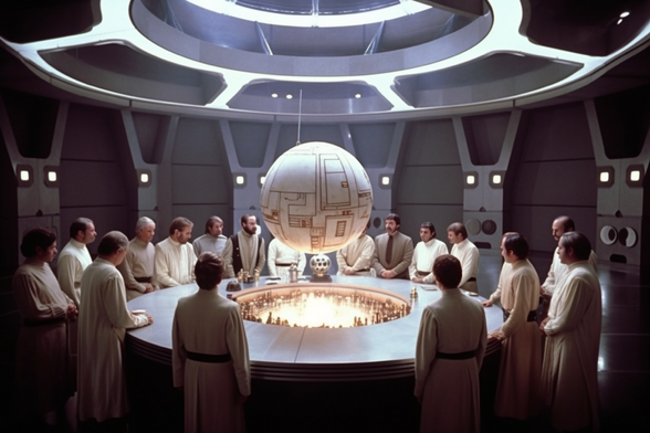 A group of people stand around a circular table looking at a spherical object hovering above it
