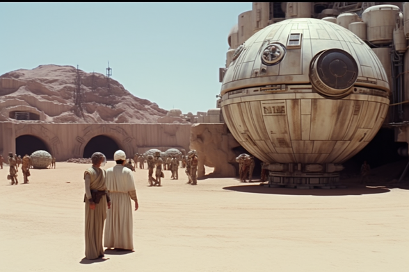 An empty area in a desert town, containing people and a big metal sphere