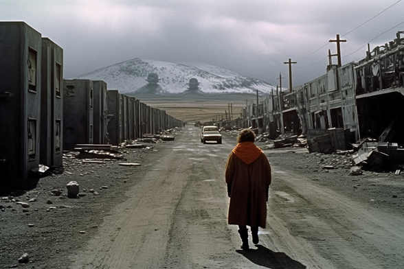 A person walking down a ruined street