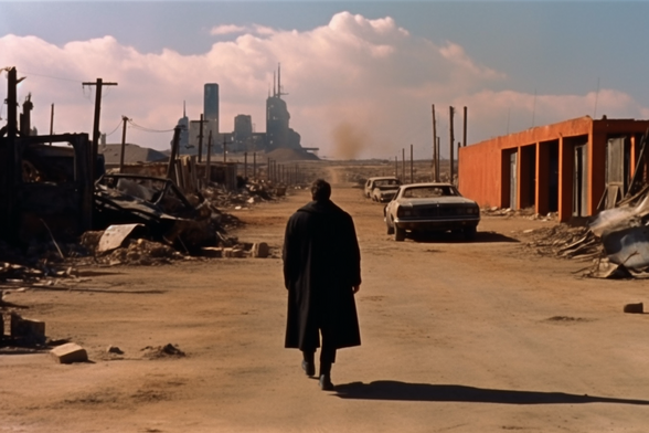 A person walking down a ruined street