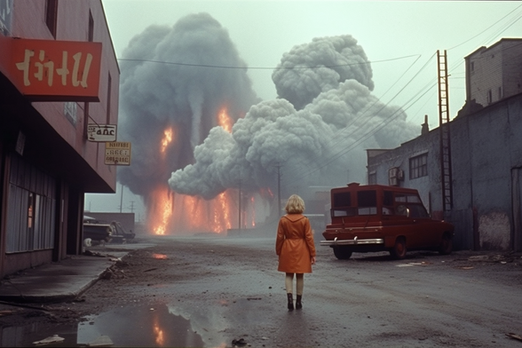 A person walking down a ruined street (with explosions)