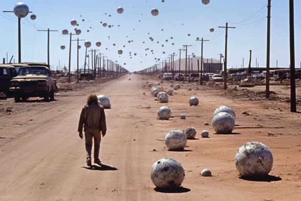A person walking down a ruined street (with dozens of large steel balls on the ground and in the sky)