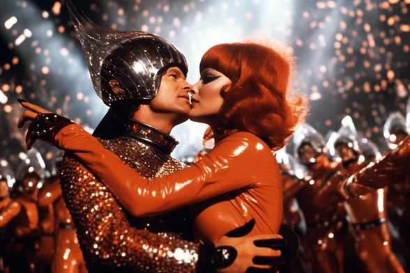 Hero and heroine about to chastely kiss at the end of the movie