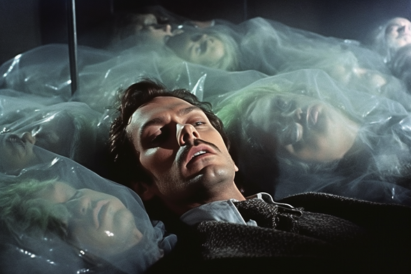 A man lies, eyes half open, among a pile of mishapen humaniforms wrapped in plastic