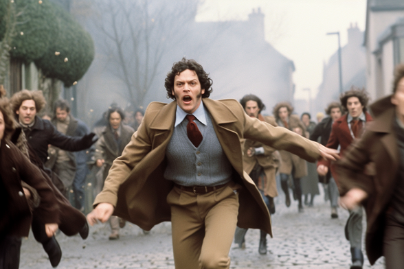 A crowd of panicked people running through a suburban street