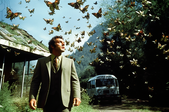A man stands near an abandoned rural shed gazing in wonder at the cloud of butterflies all around him