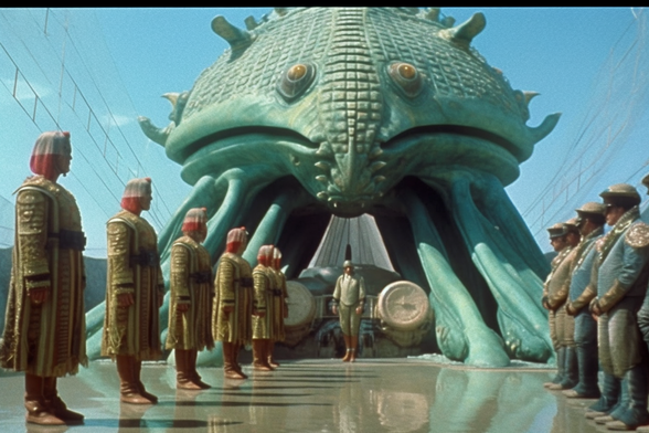 An honour guard greets a lone figure emerging from a strange vehicle which resembles a sea monster