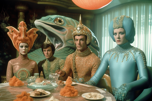 Four bored-looking warlords of Atlantis sitting at a table eating a strange repast