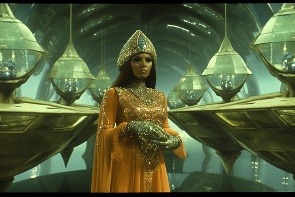 A female Atlantean warlord with heavily armoured gloves or possibly claws